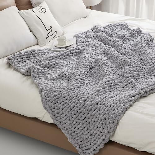 Chunky Knit Blanket Throw 40×40, Hand Knitted Warm Chenille Throw Blanket, Ho... - Picture 2 of 7