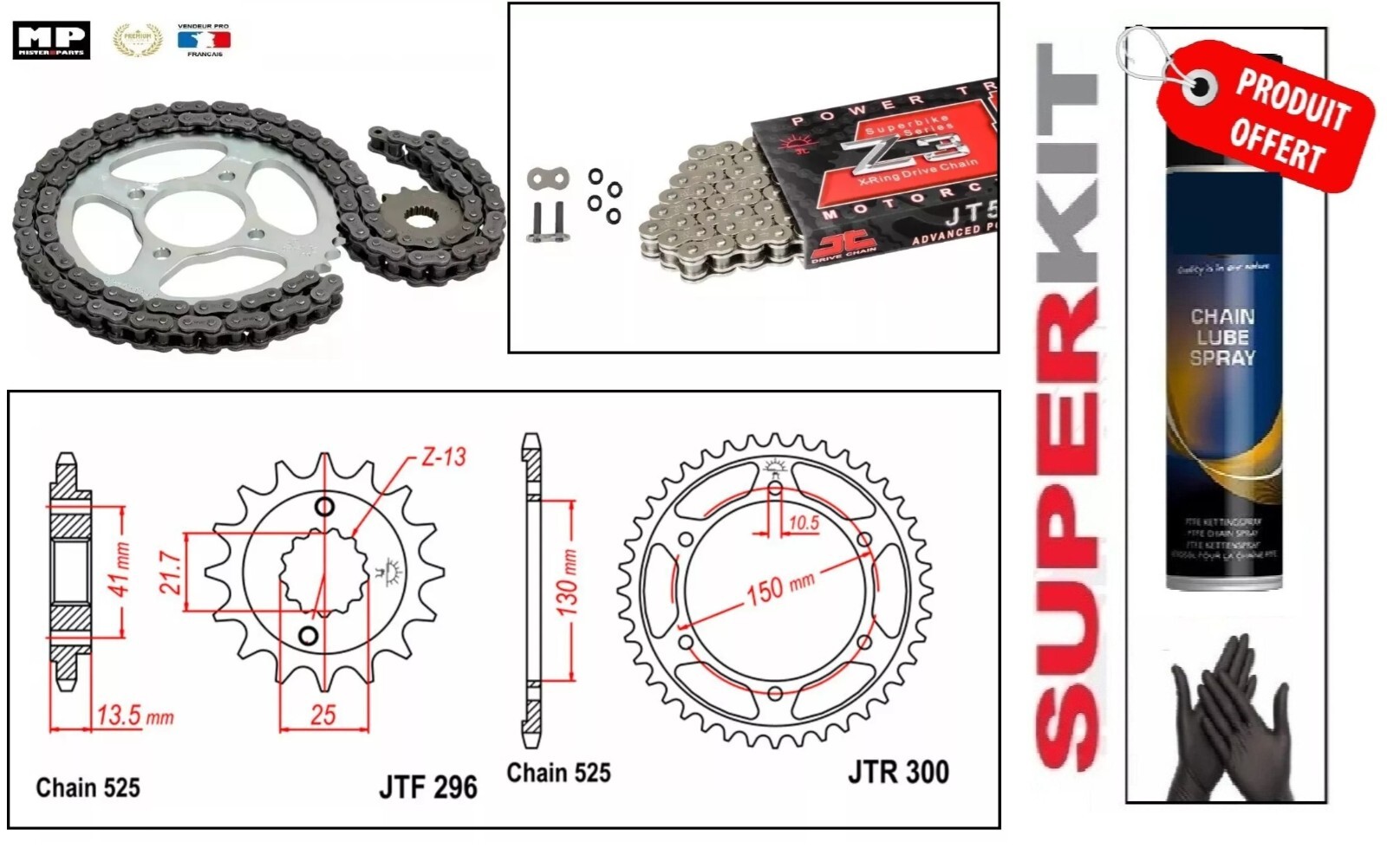 Kit chaine 525 Honda Hornet 600 acier haute résistance pignon 16 dents