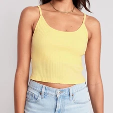 Old Navy Womens Yellow Cropped Rib Knit Cami Tank w/ Shelf Bra L Tall