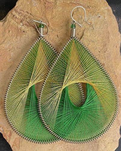 Large Silk Thread Teardrop Earrings Green Gold Alpaca Silver Handmade Peruvian