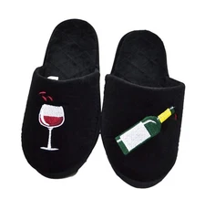 INC International Concepts glass of Wine Velour Scuff Slippers Black Small 5/6