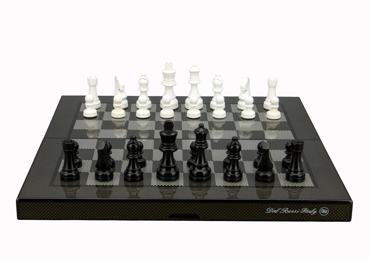 Dal Rossi Folding Carbon Fibre Finish Chess Set 16 inch board w/ Timber Pieces