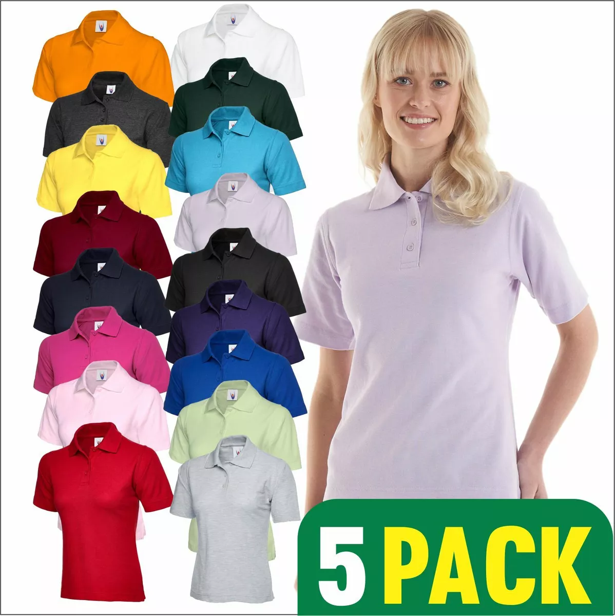 5 PACK Ladies Classic Poloshirt Plain Short Sleeve Work Polo T shirt Casual  TOP