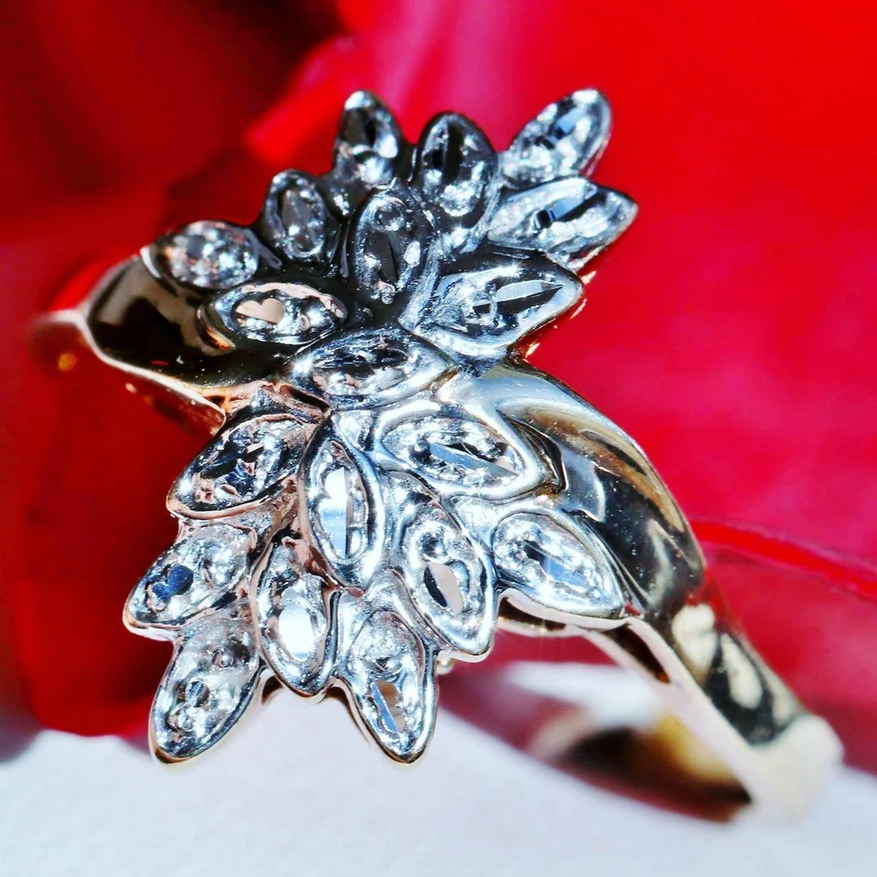 10k multi tone gold ring diamond cut flower size 5 vintage handmade 3.6gr N448B - Image 2 of 4