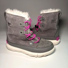 Sorel Explorer Lace Snow Boots Kids Size 5 Youth Grey Pink Waterproof Outdoor