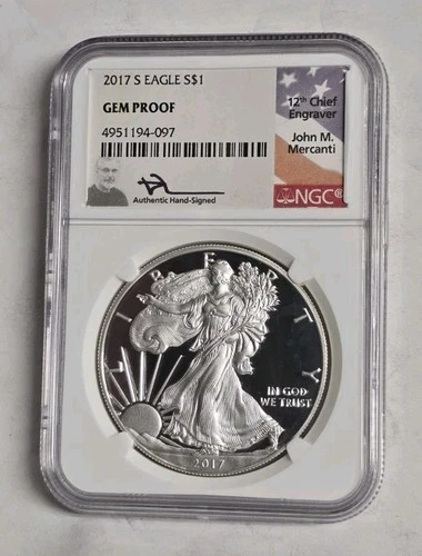 2017-S American Silver Eagle NGC GEM Proof John Mercanti Hand Signed Holder