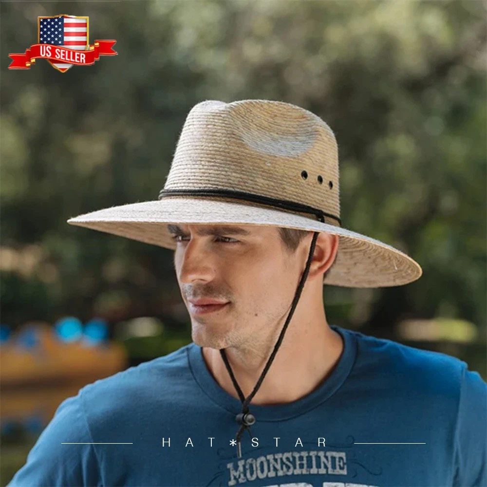 Men's Palm Tree Leaf Straw Sun Lifeguard Beach Hat Raffia Wide Brim