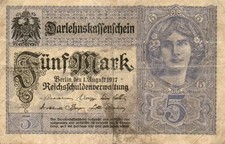 Genuine 5 Mark German empire banknote 1917 world war I fine con !!!!!
