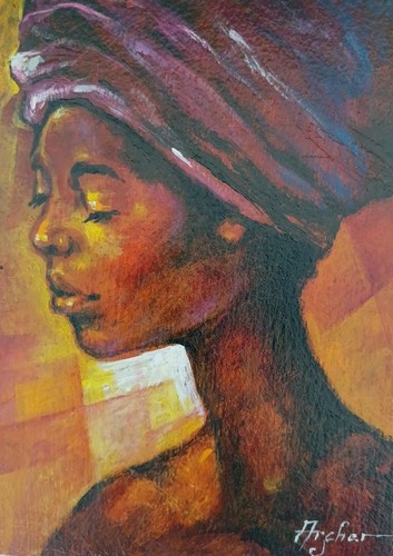 Original haitianisches Gemälde FRAUEN Acryl auf Karton signiert Bogenschütze 7"x5" NEU - Bild 1 von 7