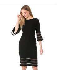 Calvin Klein Sheath Dress Black 6  Bell Sleeves Mesh Illusion Trim Scoop Neck 