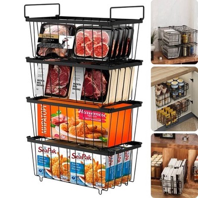 4 Stück Gefriertruhe Körbe Stapelbar Gefriertruhe Organizer mit Griffen Schwarz Neu