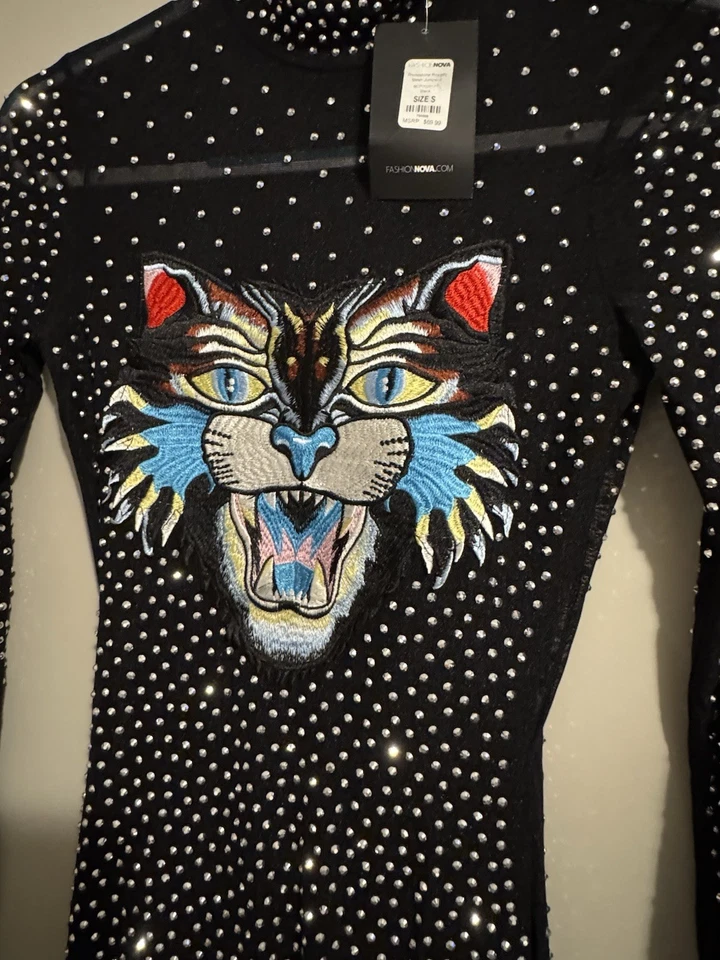 Moda Nova Mono Negro Estrás Tigre Para Mujer Talla S Manga Larga Brillante Foto 4 de 4