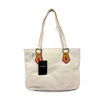 Claudia Firenze Pebbled Leather Tote Bag Womens White Shoulder Handbag Italy NWT