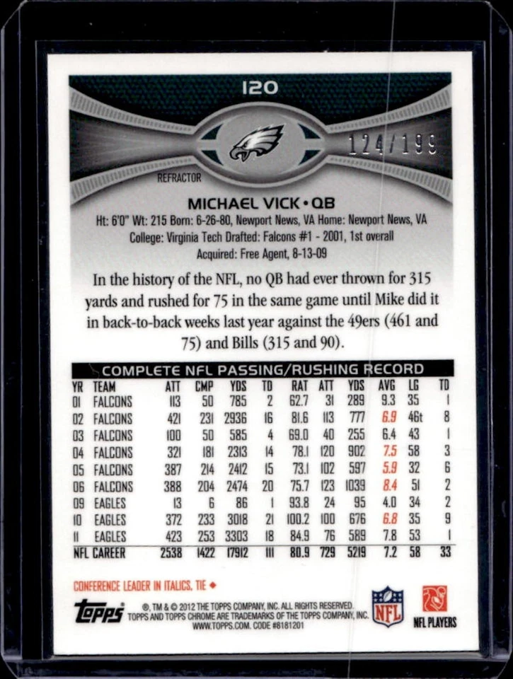 2012 Topps Chrome Michael Vick Blue Refractor #124/199 Eagles - Image 2 of 2