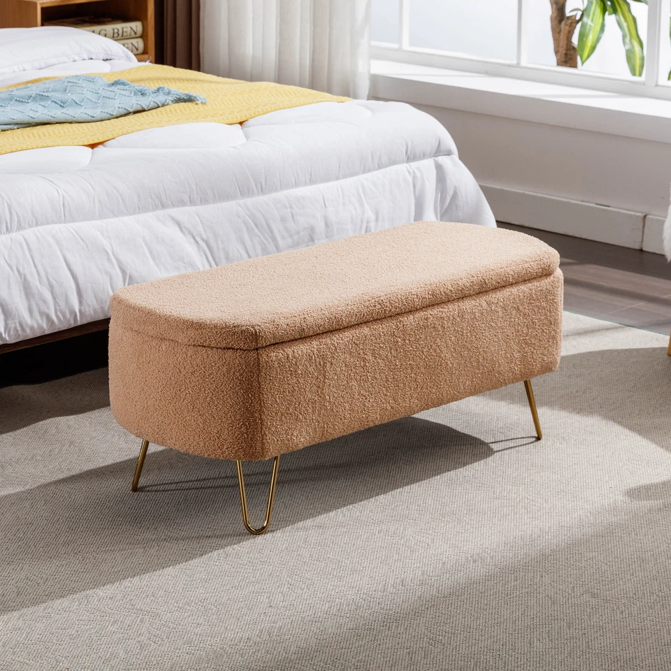 Faux Fur Upholstered Storage Ottoman Entryway Bench End of Bed Metal Legs Camel - Image 3 of 4