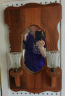 Vtg Rustic Wood Wall Mirror With 2 Attached Sconces and 2 Clear Votive Cups