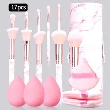 17PCS pink portable set 10 makeup brush sets 6pcs triangular powder puff, makeu