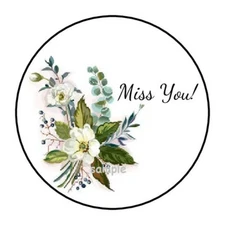 30 MISS YOU FLORAL ENVELOPE SEALS LABELS STICKERS 1.5" ROUND GREENERY FOLIAGE