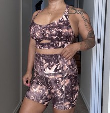 Lorna Jane brown abstract print bike shorts XS and crop S matching set