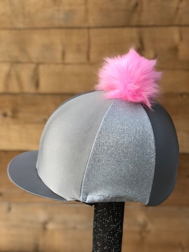 Horse Riding hat silk silver Grey glitz fur Pom, Wool Or Button Top - Picture 7 of 19