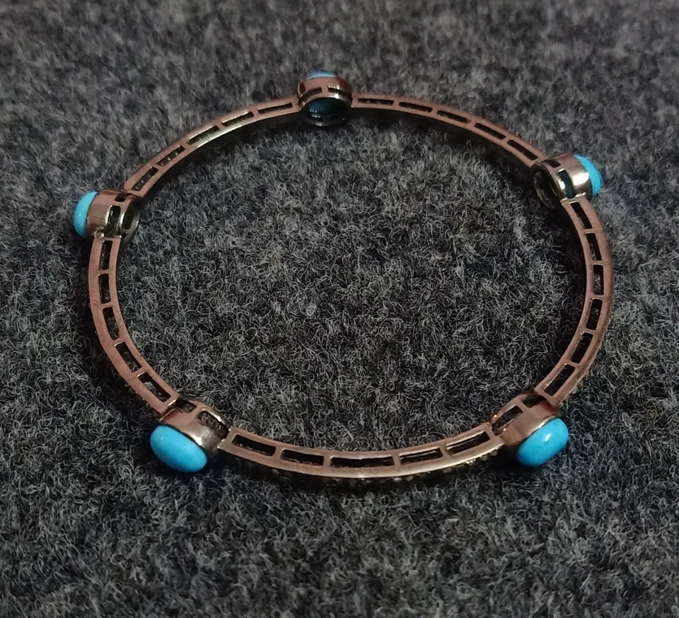 Turquoises Gemstone Bangle Oxide 925 Sterling Silver Pave Diamond Bracelet Gift - Image 3 of 4
