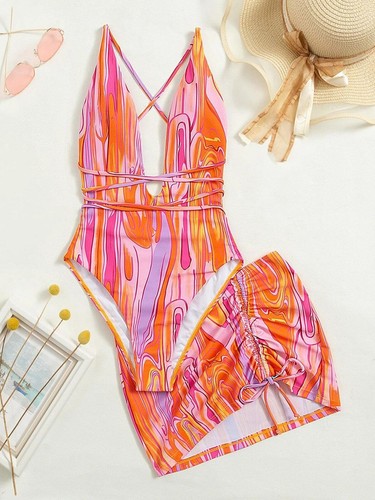 Women One Piece Swimsuits Set With Skirt Swimwear Colorful Bathing Beachwear - 第 7/17 張圖片