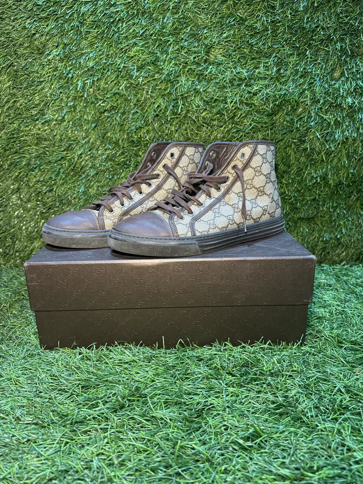Baskets Gucci marron hommes US 9 chaussures en cuir monogramme toile hauts hauts