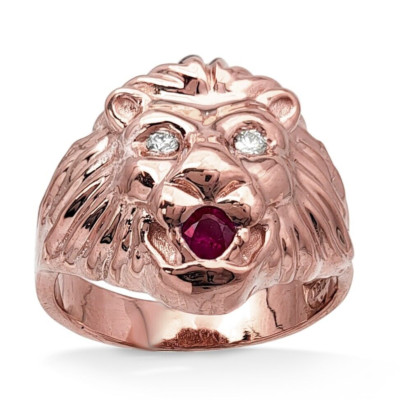Echter 10K Rotgold Herren Löwe Ring mit Diamant Augen Rubin Mund natürlich oder Labor