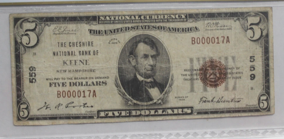 1929 $5 CHESHIRE NB  KEENE, NH LOW SERIAL #17 SCARE LOCATION PCGS 12 FINE - Image 3 of 4