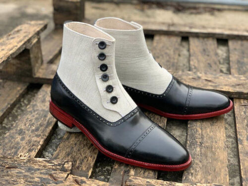 Men's Two Tone Leather Tweed Cap Toe Button Boots, Men Fashion Ankle Boots - 第 1/3 張圖片