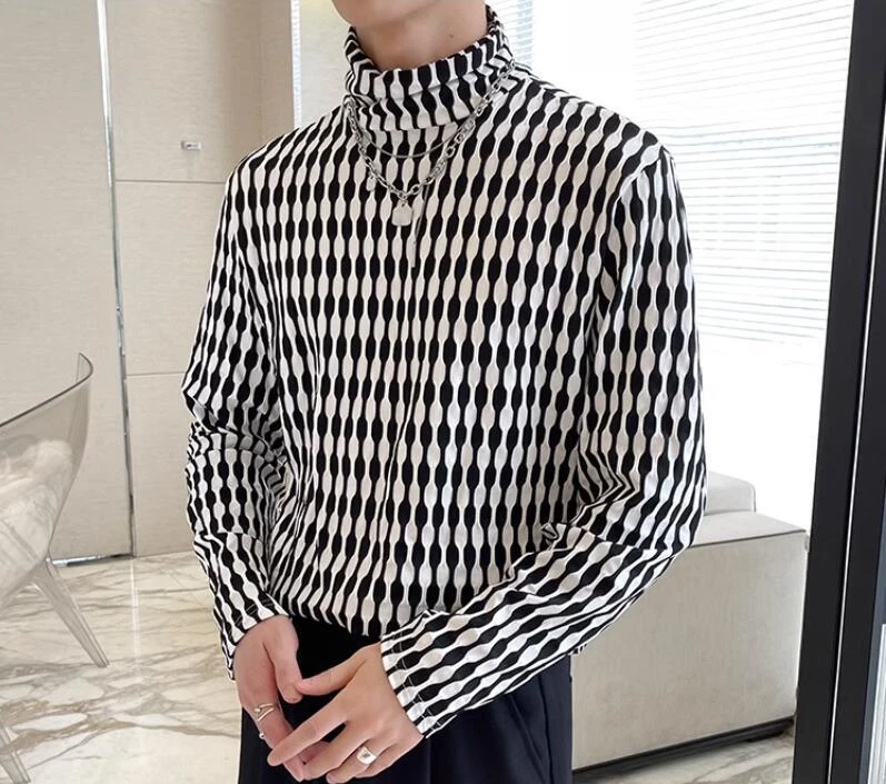 Mens Autumn Fashion Turtle Neck Long Sleeve Loose Printed T-shirt Youth Pullover - Image 4 of 4