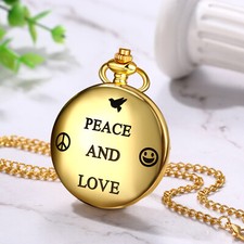 Men's Women's "Peace and Love" Quartz Pocket Watch Necklace Arabic Numerals Dial