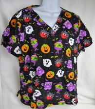 Halloween Women Scrubs Top Comfy Cotton Black Ghosts Pumpkins Spiders Webs M-L