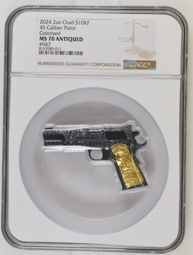 2 Oz Silver Coin 2024 Chad .45 Caliber Pistol NGC MS 70 Antiqued Colorized #947