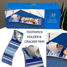 New dei Ceramic Fish Toothpick Holder and Blue Striped Cracker Tray 12 x 3.5 in