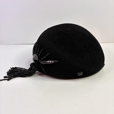 VTG 1950s 60s Black Wool Felt Pillbox Cocktail Hat with Beaded Tassel Le Chapeau