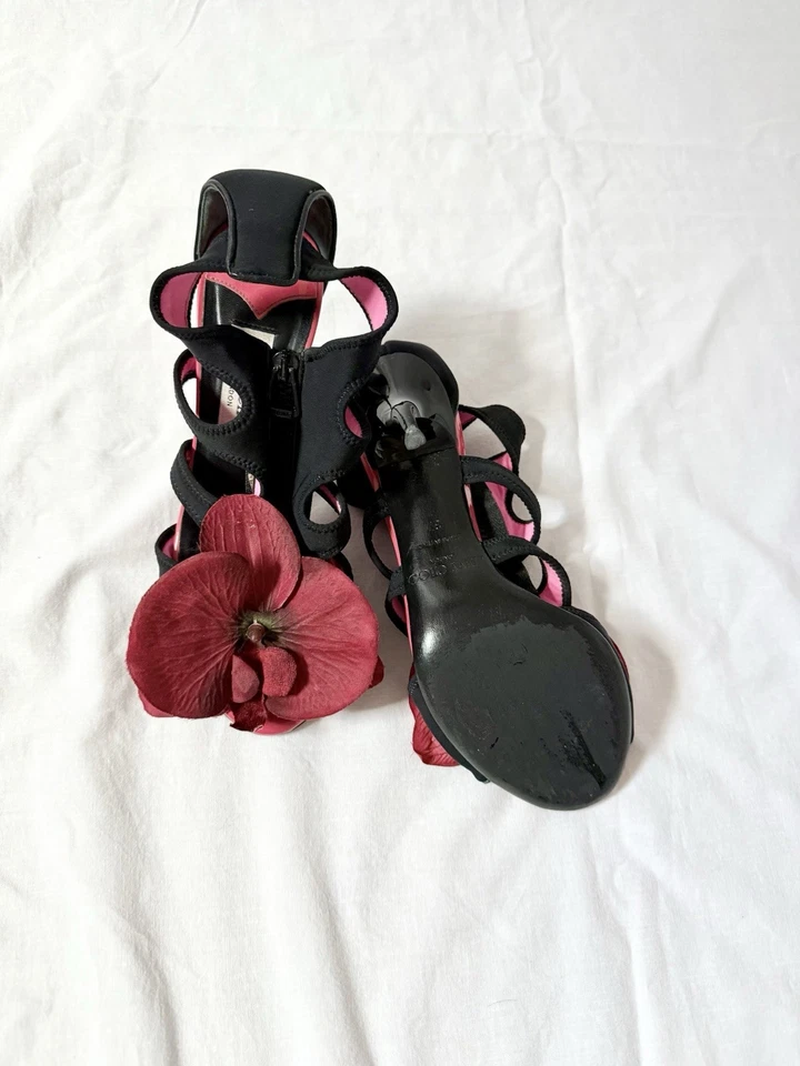 Jimmy Choo Denton Buceo Cremallera Frontal Sandalia Zapatos Negro Rojo Talla 37 Flor Orquídea Foto 4 de 4