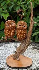 Two owl figurines, Japanese craftsman, lacquered washi paper and wood