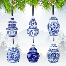 Blue White Porcelain Christmas Ornaments Chinoiserie Ginger Jar Decor Set Of 6