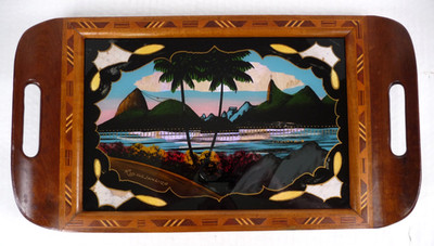 Vintage Rio De Janeiro Butterfly Wing Art Wood Tray Corcovado Inlay Iridescent