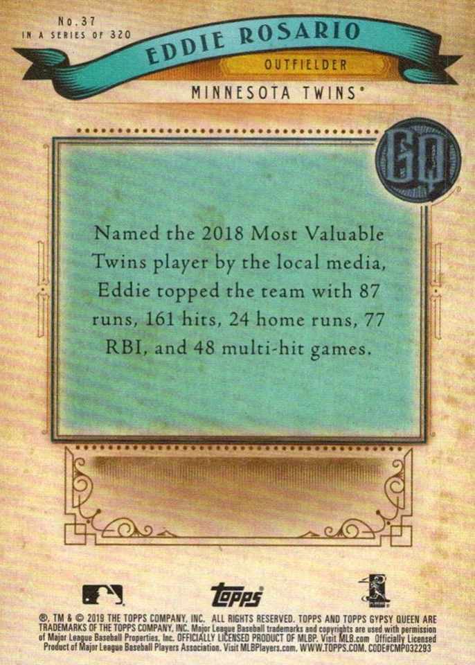 2019 Topps High Tek Blue Eddie Rosario Minnesota Twins #37 - Image 2 of 2
