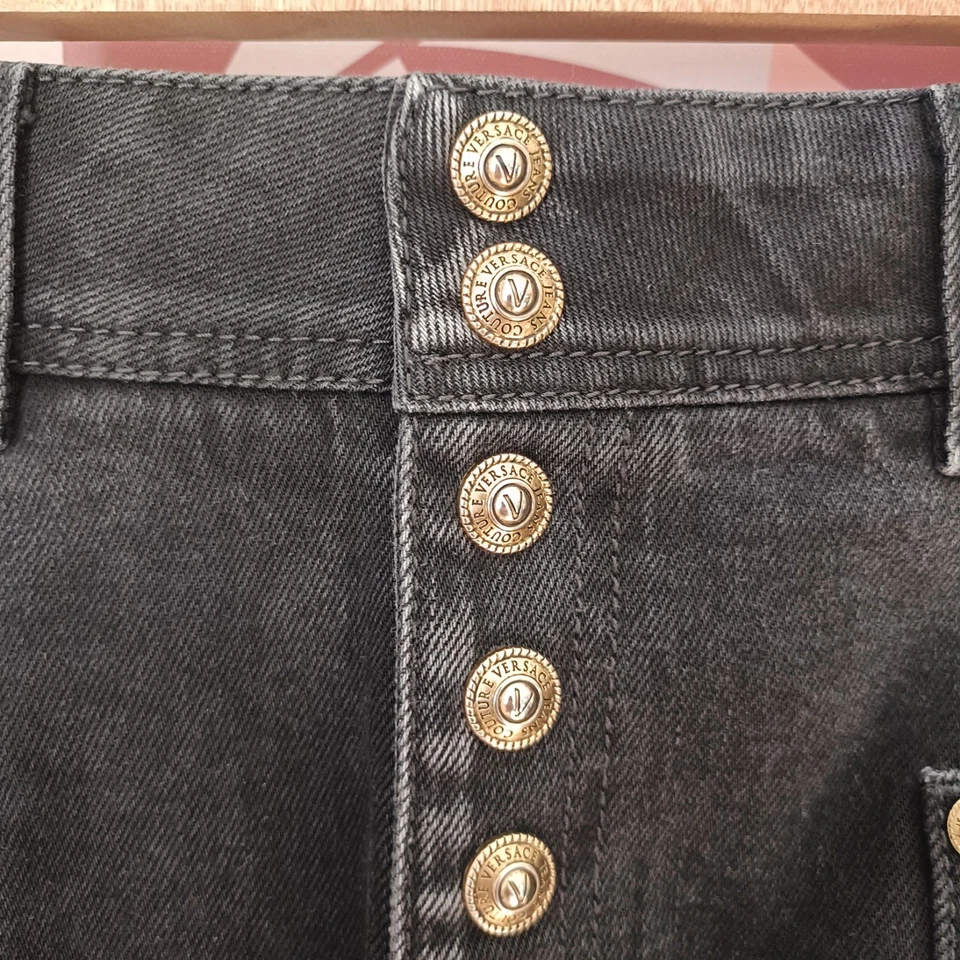 Versace Jeans Couture Midi Skirt AU 10 S Stretch Black Denim Gold Buttons EUC - Image 2 of 4