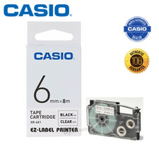 Genuine Casio XR-6X1 6mm Black On Clear EZ-Label Printer Tape Cartridge