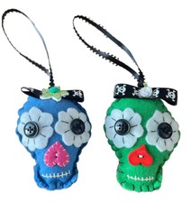 Dia de los Muertos Handmade Felt Ornament Embroidery Set of two Green  Blue