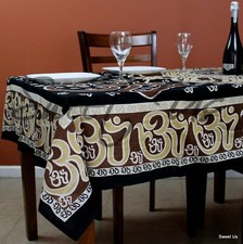 Mandala Om Print Tablecloth Rectangle Black Brown White Tan for Meditation Yoga