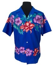 Shoreline Hawaii Vintage Mens 1960s Blue Hawaiian Shirt Size Large Floral