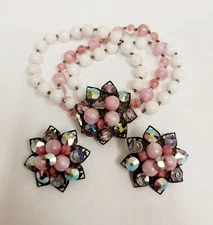 Vintage Alice Caviness White Pink AB Glass Bead Cluster Bracelet & Earrings