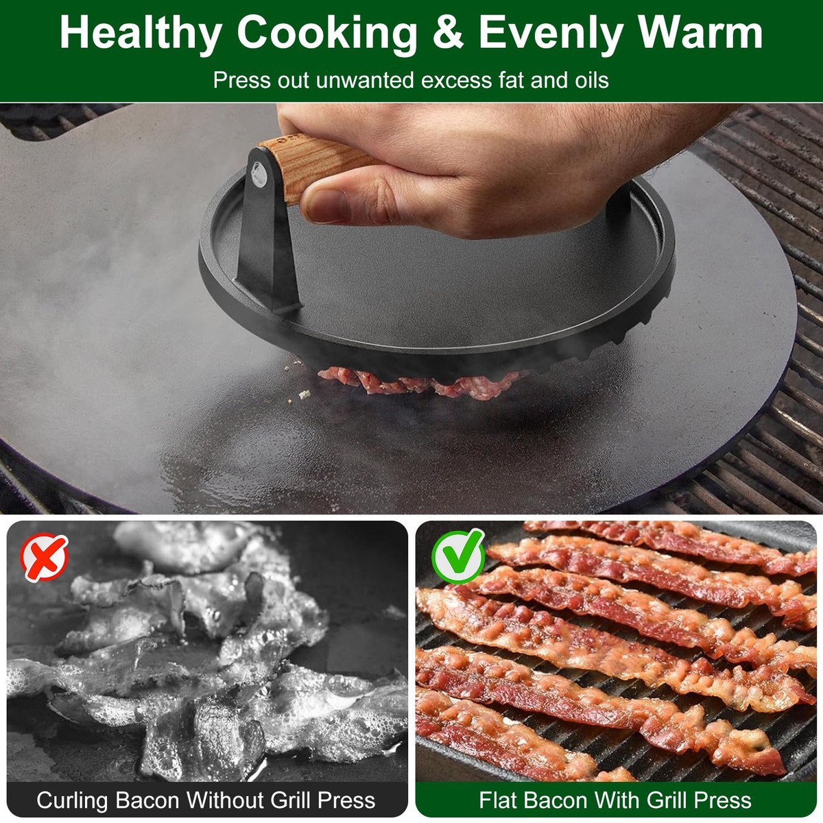 Bacon Press 3 Pcs Cast Iron Grill Press 8 X 4 Inch Bacon