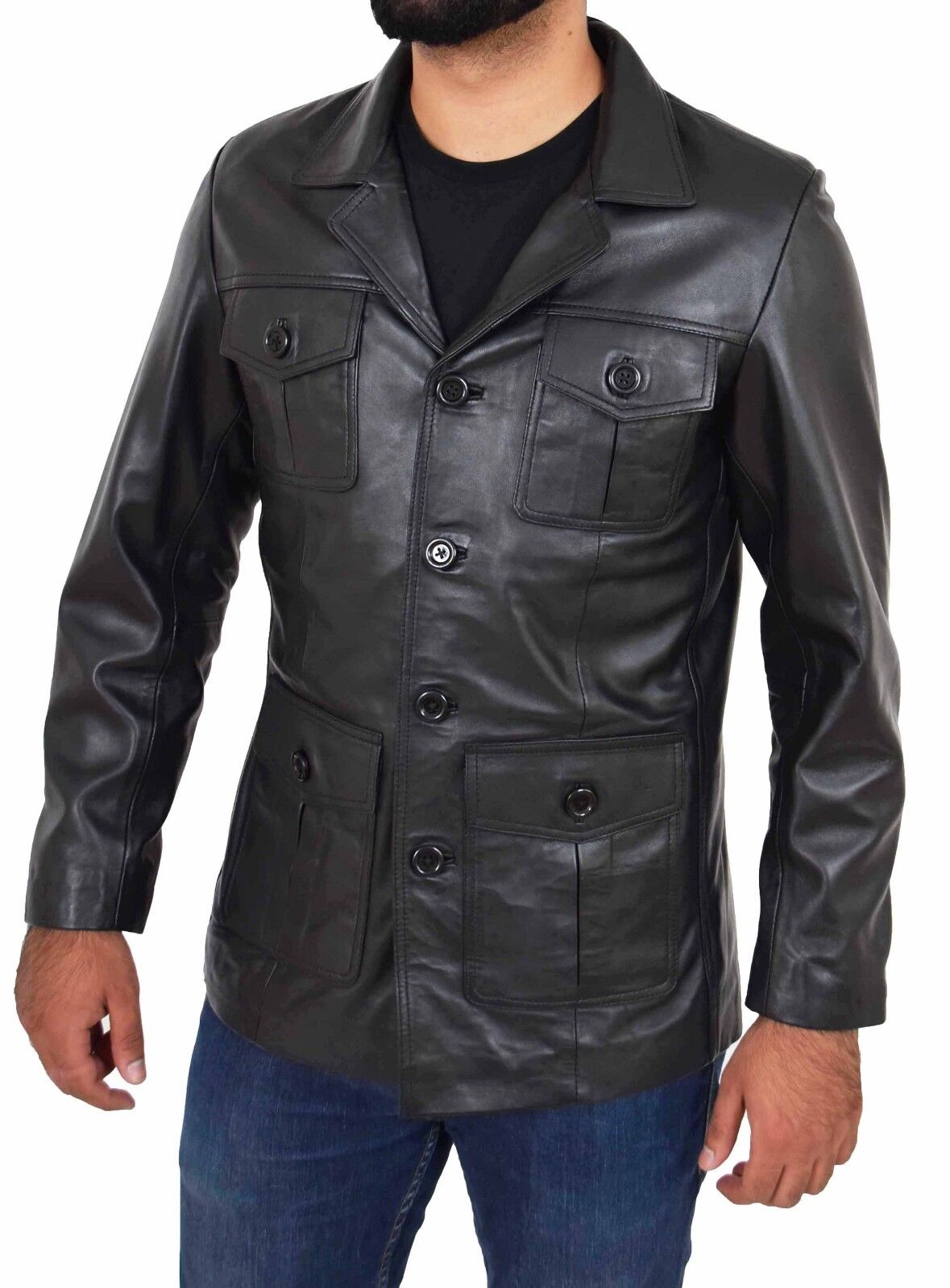 Mens Classic Leather Reefer Jacket Black | Leather Reefer Jacket