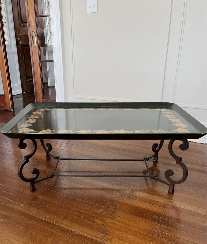 Italian Lacquered And Hand-Painted Gilt Wood Tray Top Coffee Table With Wrought - Image 3 of 4